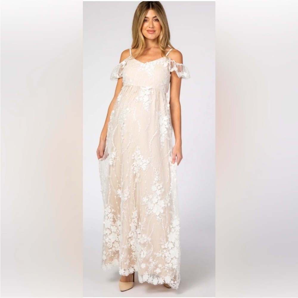 Pinkblush-Minuet Ivory Floral Embroidered Mesh Maternity‎ Evening*dress